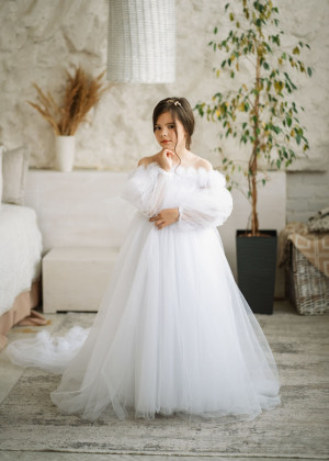Cold Shoulder White Tulle Long Flower Girl Dress